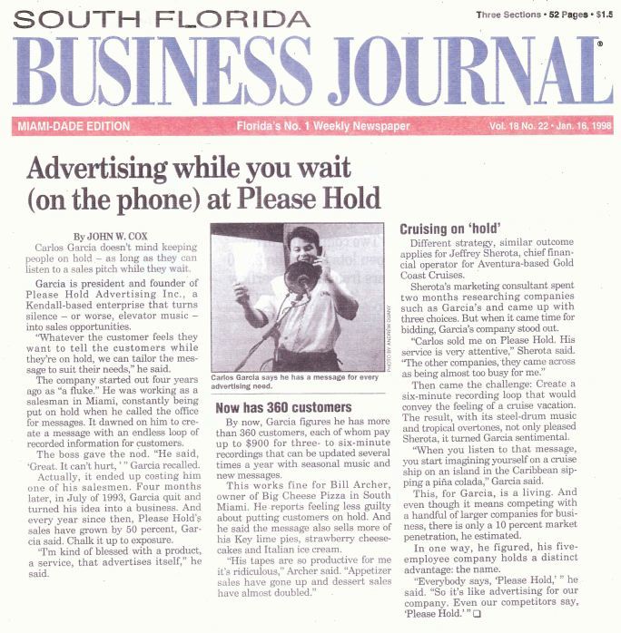 South Florida Business Journal article on Please Hold 1998